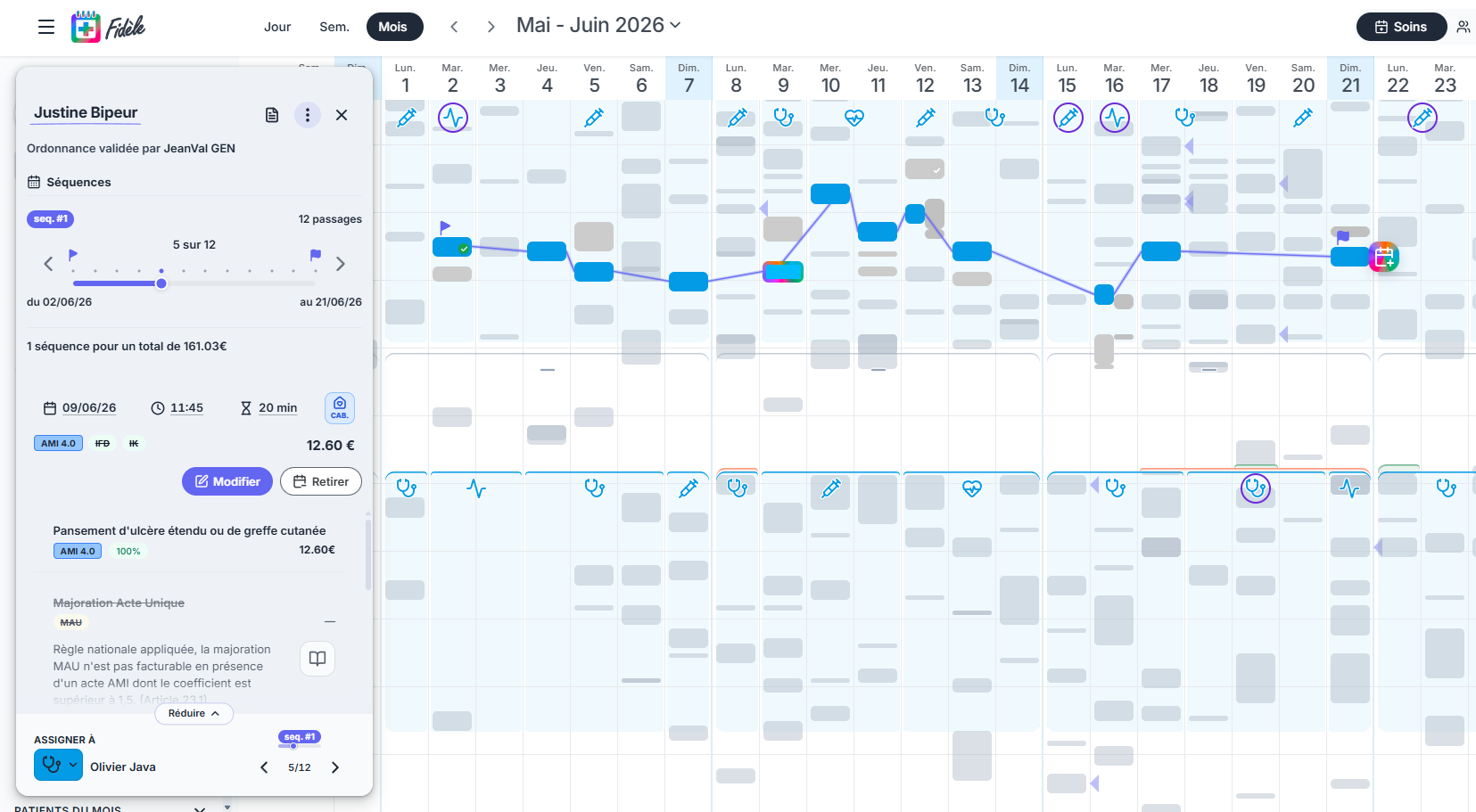 Fidèle desktop : agenda mois et panneau soin ouverts ensemble, pour relier passages et détail d’ordonnance.