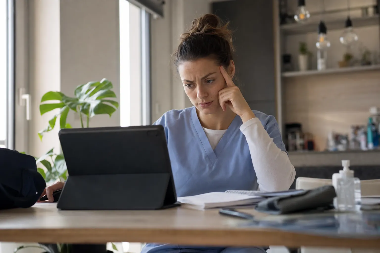 Infirmier(e) concentré(e) sur ordinateur / tablette, en train de réfléchir à une cotation