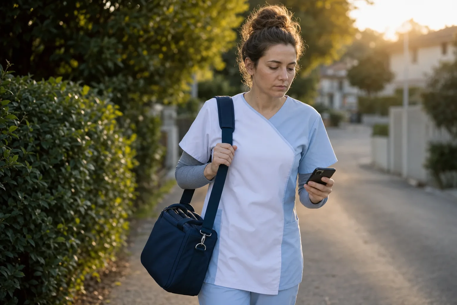 Jeune IDEL en mouvement sur le trottoir, téléphone à la main et sac de soins à l’épaule