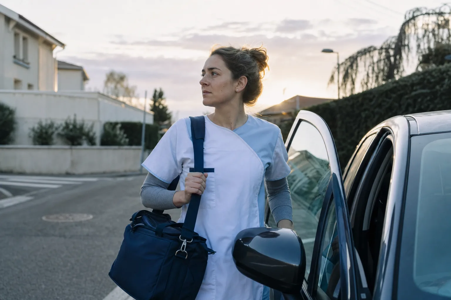 Jeune IDEL au petit matin près de sa voiture, prête à démarrer une première tournée en solo