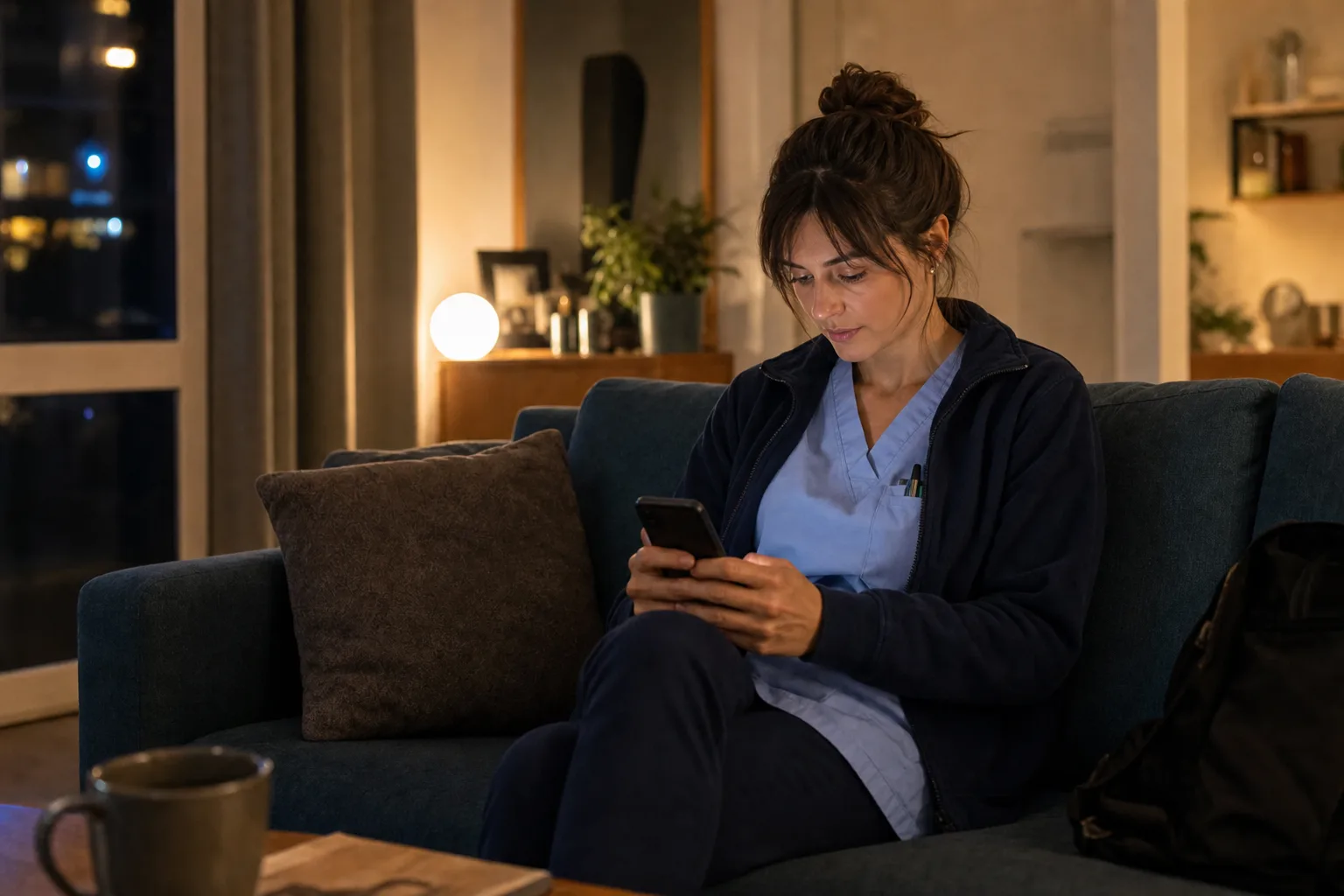 Jeune IDEL le soir sur son canapé, encore en tenue de tournée, qui revoit son agenda sur smartphone