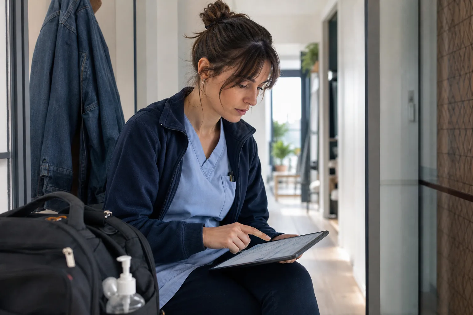 Jeune IDEL qui organise sa tournée sur téléphone avant de partir, sac de soins à proximité