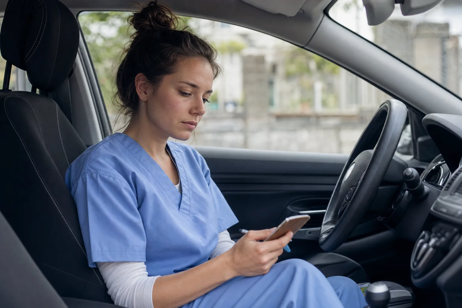 Jeune IDEL entre deux visites, dans la voiture, confrontée au décalage entre formation et terrain
