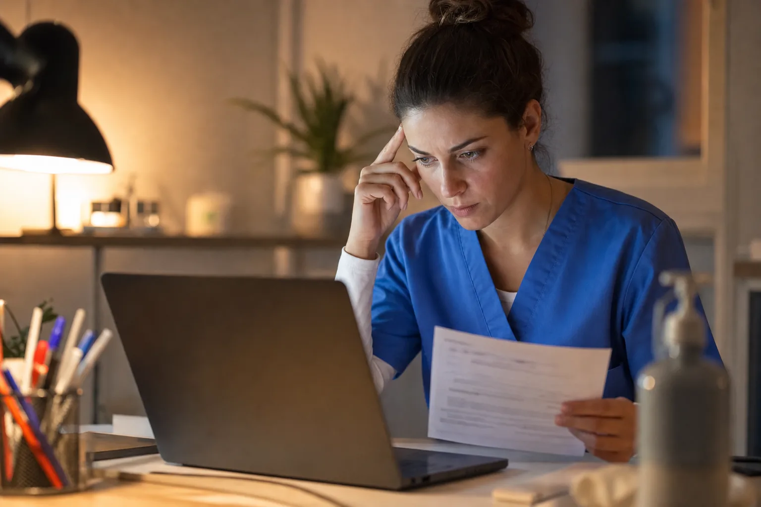 Jeune IDEL le soir devant son ordinateur, en train de traiter des retours de facturation