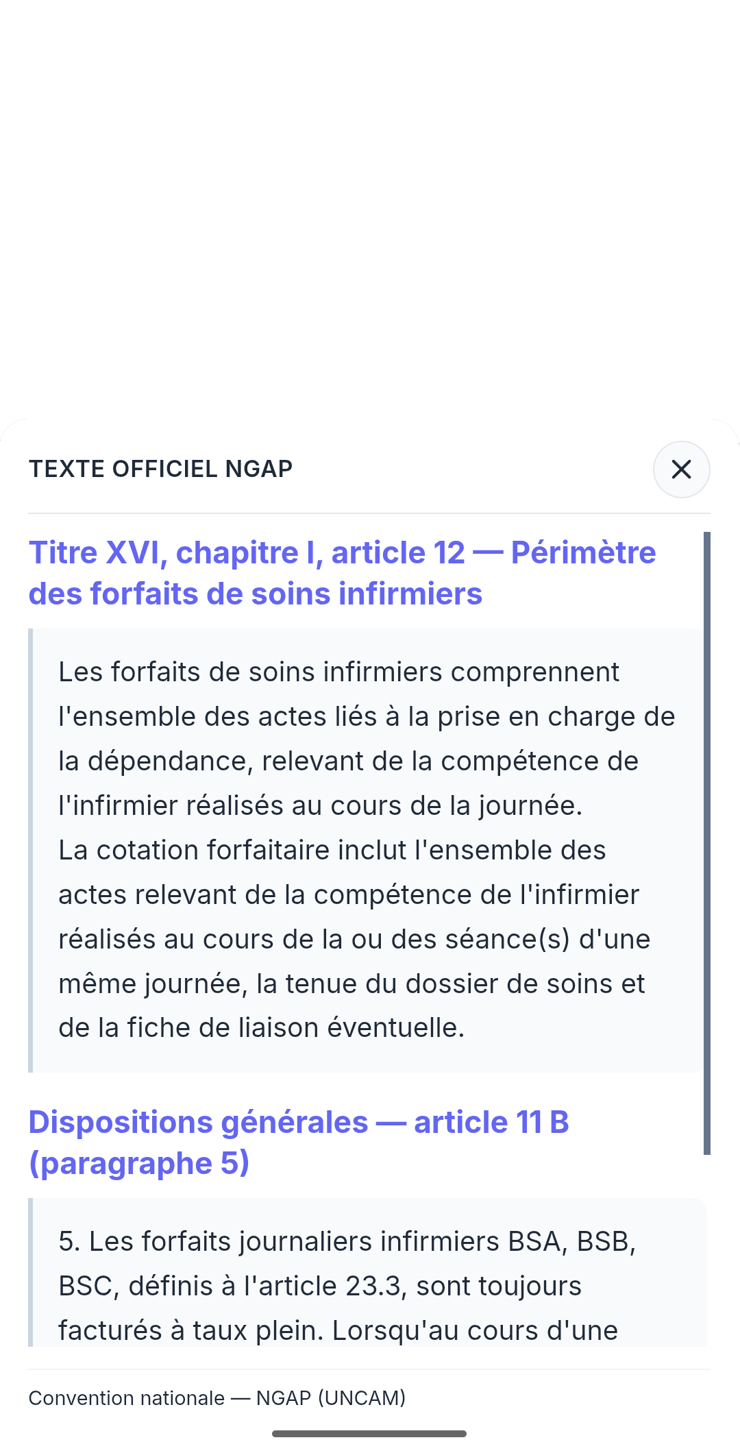 Texte officiel NGAP : règles sourcées pour le forfait BSI.