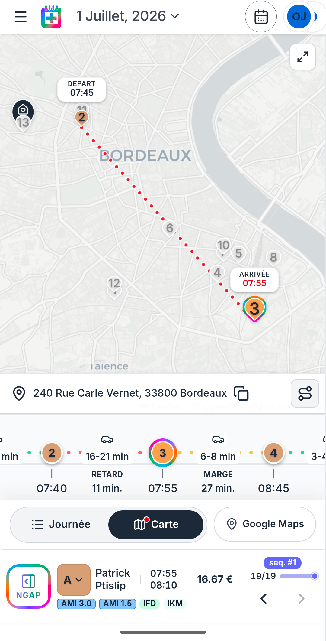 Vue carte Fidèle : tournée du jour sur la carte, trajets et passages géolocalisés.