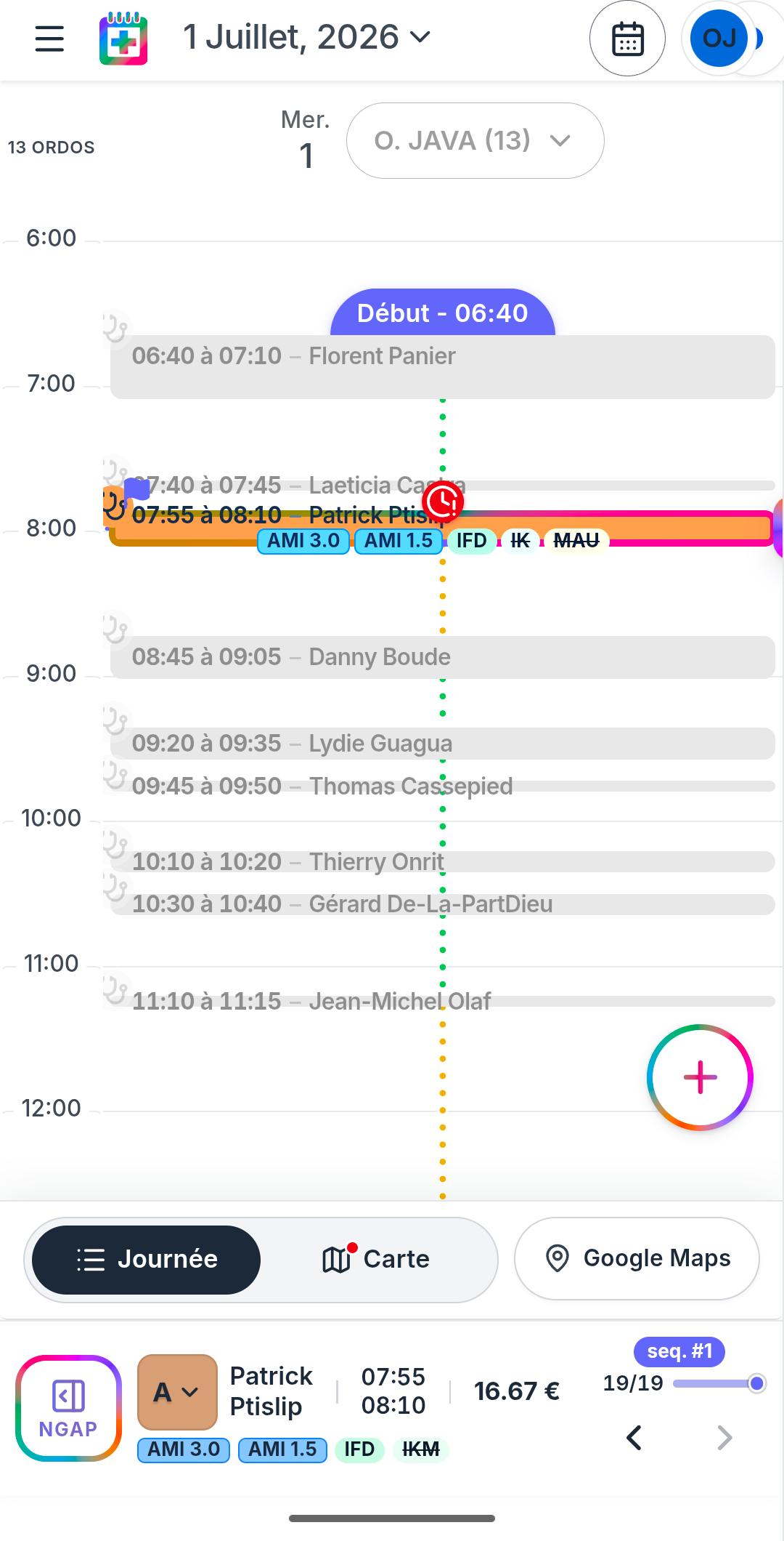 Vue JOUR Fidèle : agenda de la journée, passages et horaires de tournée.